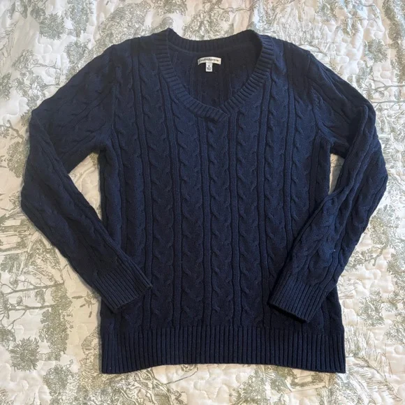 Croft & Barrow sz S Navy Blue V-Neck Sweater cable knit cotton layering preppy - Picture 2 of 15